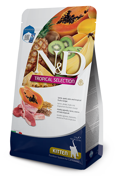 Scatola del Kitten N&D Tropical Selection AGRIAPPIA con cibo umido per gattini, 300g, con etichetta e dettagli visibili