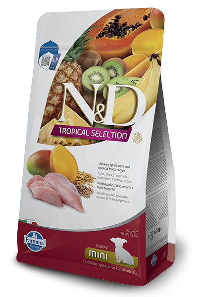 Crocchette per cuccioli mini Farmina pollo, farro, avena e frutti tropicali, confezione da 1,5 kg, immagine frontale a destra