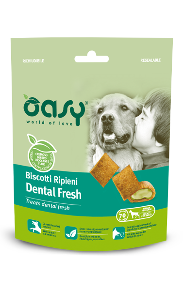Biscotti ripieni Oasy Snack AGRIAPPIA per cani, confezione da 70g, con biscotti dentali e freschi per la salute orale.