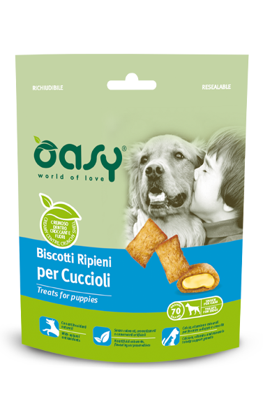 Biscotti ripieni Oasy Snack AGRIAPPIA per cani cuccioli, confezione da 70g, con biscotti ripieni visibili nella confezione