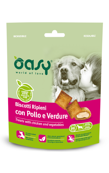 Biscotti ripieni Oasy Snack AGRIAPPIA con carne di pollo e verdure, snack croccante da 70g per cani.