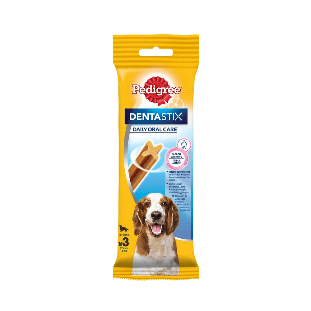 Dentastix AgriaPpia per cani di taglia media, confezione da 3 pezzi da 77g, snack dentale per la pulizia orale.