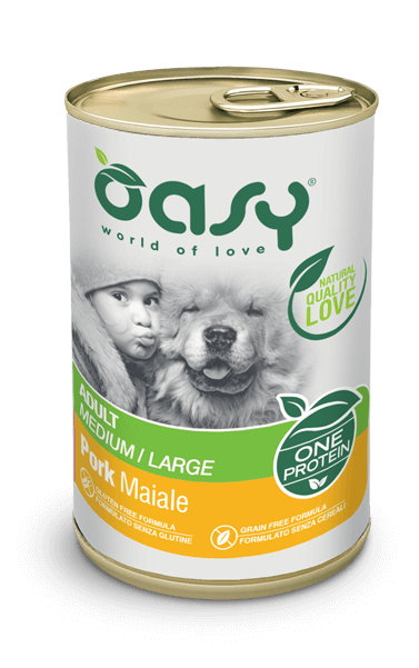 Crocchette per cani Oasy ONE PROTEIN AGRIAPPIA, sacco da 400g, con carne di maiale e ingredienti umidi per adulti.