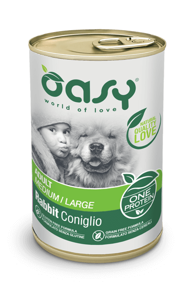 Crocchette per cani adulti Oasy ONE PROTEIN AGRIAPPIA, 400g, con proteine di alta qualità, immagine di un coniglio grande.