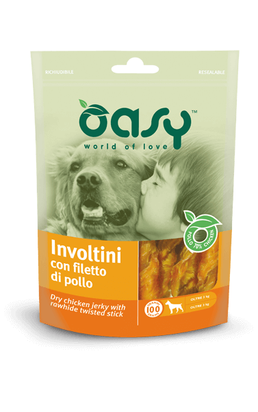 Involtini di filetto di pollo AGRIAPPIA Oasy Snack in busta da 100g, pezzi pronti per uno snack sfizioso