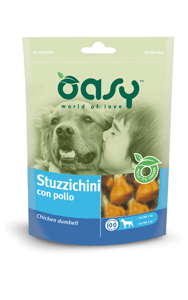 Snack Oasy AGRIAPPIA in busta da 100g con stuzzichini di pollo, ideale come spuntino sano e gustoso.