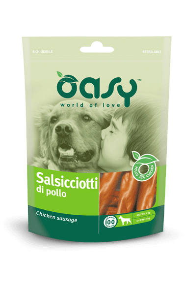 Snack Oasy in busta da 100g di AGRIAPPIA, salsicciotti di pollo, immagine del prodotto in confezione.