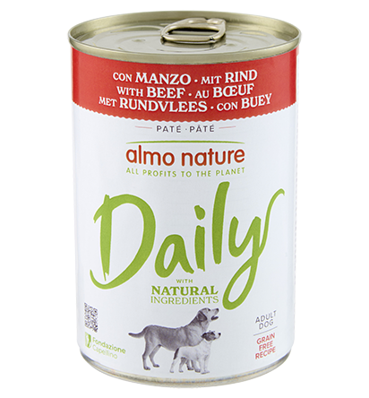 Scatola di cibo per gatti Almo Nature Daily Cane AGRIAPPIA, 400g, con fiocchi di carne e ingredienti naturali visibili.