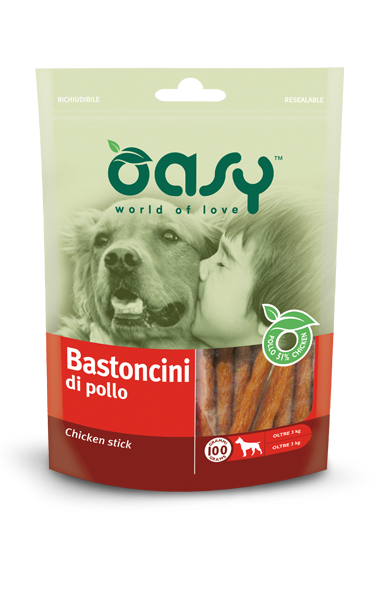 Snack Oasy AGRIAPPIA in busta da 100g, bastoncini di pollo croccanti e gustosi per cani.