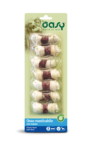 Osso masticabile per cani AGRIAPPIA Oasy SNACK con pollo, anatra e manzo, visibile nel pacchetto.