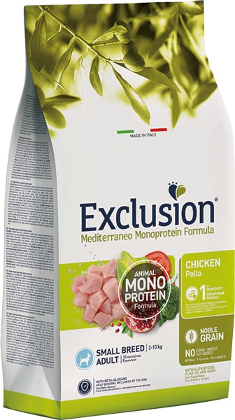 Cibo per cani AGRIAPPIA Exclusion Mediterraneo Noble Grain con pollo, alimento per cani di piccola taglia, confezione visibile