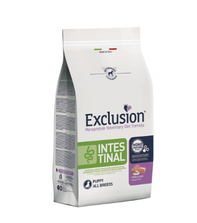Cibo per cani AGRIAPPIA EXCLUSION MONOPROTEIN VET INTESTINAL PORK & RICE, confezione con ciotola e crocchette.