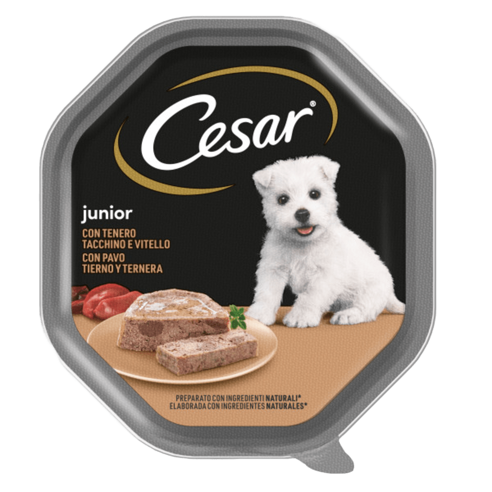 Crocchette per cani Cesar Junior Tacchino e Vitello di AGRIAPPIA, ciotola con crocchette per cuccioli, imballo e prodotto.