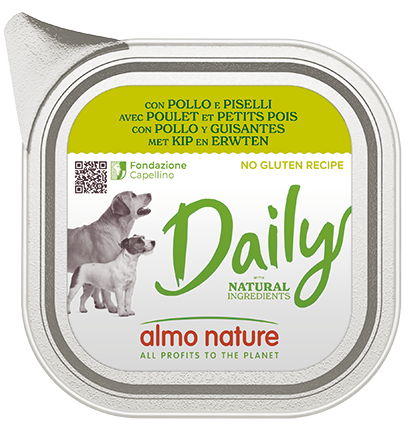 Scatola di Almo Nature Daily Cane 100g di AGRIAPPIA, con alimento umido per cani, mostra il contenuto in una confezione.
