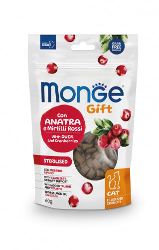 Crocchette Monge Gift per adulti con anatra e mirtilli rossi, confezione da 60 ml, alimento naturale e sterilizzato AGRIAPPIA