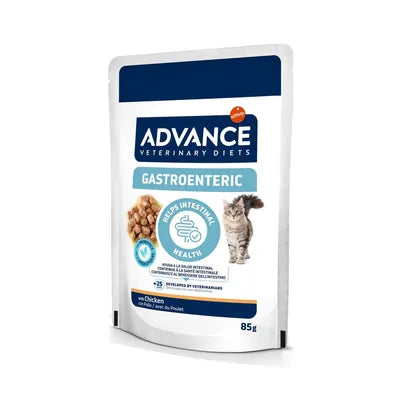 Crocchette Advance GASTROENTERIC AGRIAPPIA per gatti, 85g, alimento veterinario per problemi digestivi, confezione con ciotola in primo piano