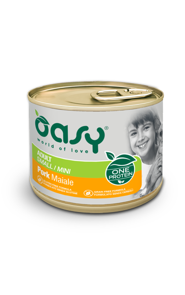 Pacco di Oasy ONE PROTEIN AGRIAPPIA da 200g con paté proteico al maiale, visibile nella confezione con etichetta.