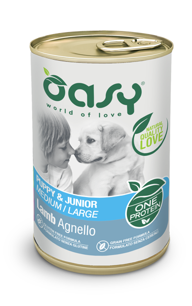 Crocchette per cani Oasy ONE PROTEIN AGRIAPPIA, confezione da 400g, con carne di agnello umido per cuccioli.
