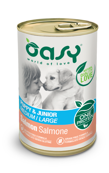 Crocchette umide Oasy ONE PROTEIN per cuccioli di salmone, 400g, con ingredienti proteici naturali, prodotto da AGRIAPPIA