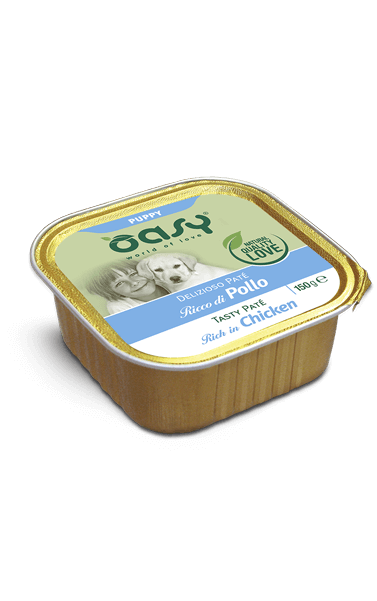Paté Delizioso Oasy per cani, 150 g, con pollo ricco di gusto, prodotto da AgriAppia, visibile in questa immagine.