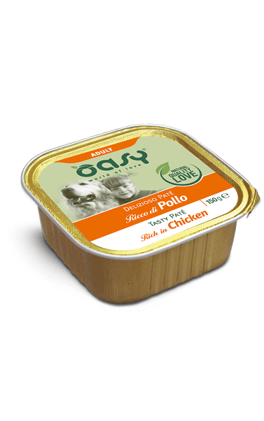 Paté Oasy DELIZIOSO AGRIAPPIA per cani, 150 g, con ricco pollo, mostrato in confezione con etichetta.