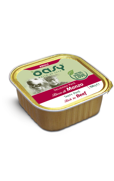 Paté Oasy DELIZIOSO AGRIAPPIA in vasetto da 150 g, con carne di manzo, visibile nel contenitore.