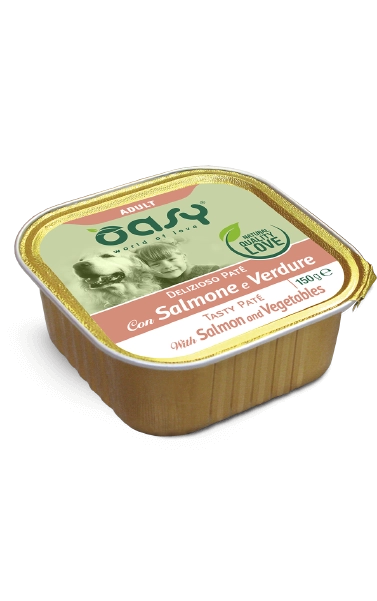 Delizioso paté per cani Oasy Salmone e Verdure in confezione da 150 g, prodotto da AgriAppia, in una ciotola.