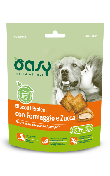 Biscotti ripieni Oasy Snack AGRIAPPIA con formaggio e zucca, snack per cani, confezione da 70g, vista dell'immagine del prodotto