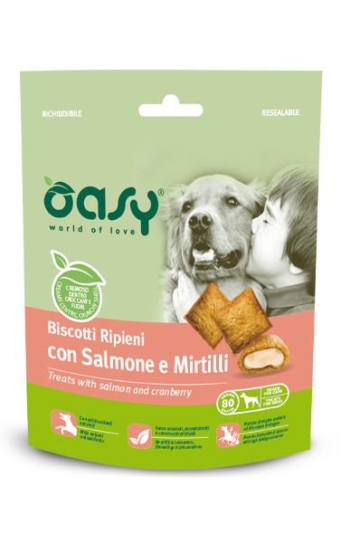 Biscotti ripieni Oasy Snack AGRIAPPIA con salmone e mirtilli, snack naturale per cani, confezione da 70g