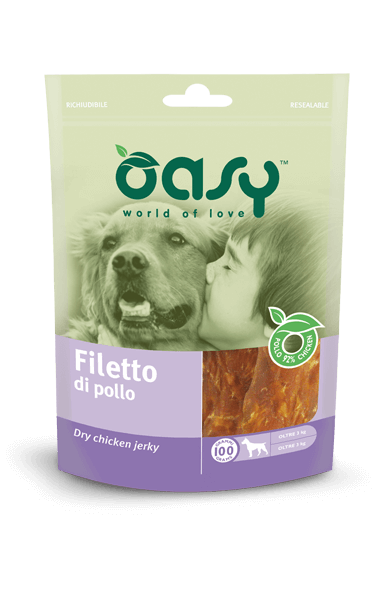 Snack Oasy AGRIAPPIA in busta da 100g con filetto di pollo, visibile nella confezione.