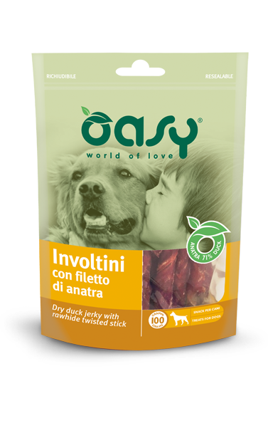 Snack Oasy AGRIAPPIA in busta da 100g con involtini di filetto d'anatra, pronti per la preparazione.
