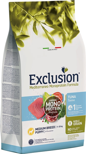 Cibo per cani AGROPIA Exclusion Mediterraneo Noble Grain con tonno per cani di taglia media, alimentazione equilibrata e naturale.