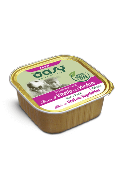Paté Oasy DELIZIOSO per cani con vitello e verdure, 150 gr, confezione con etichetta AGRIAPPIA