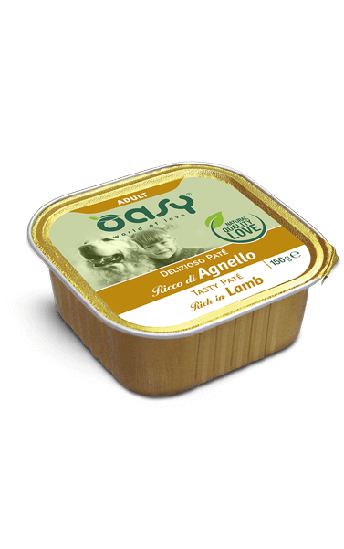 Paté Oasy Delizioso per cani con agnello e riccioli di carne, 150 g, prodotto da AgriAppia, in confezione cilindrica