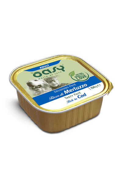 Paté Oasy DELIZIOSO AGRIAPPIA per cani, ricco di merluzzo, in lattina da 150 gr, con etichetta e contenuto visibile