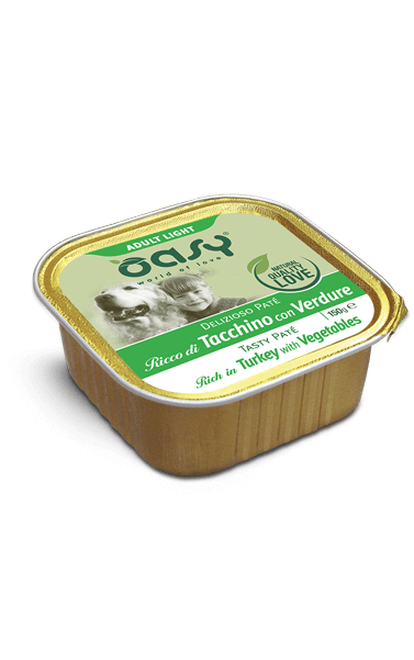 Paté Oasy DELIZIOSO AGRIAPPIA per cani con tacchino e verdure, 150 gr, confezione con ciotola in evidenza