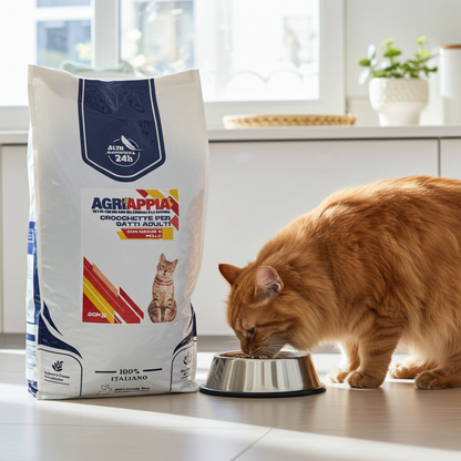 Crocchette Agriappia Gatto al manzo, cibo per gatti, confezione da 20kg, confezionate in sacco con crocchette.