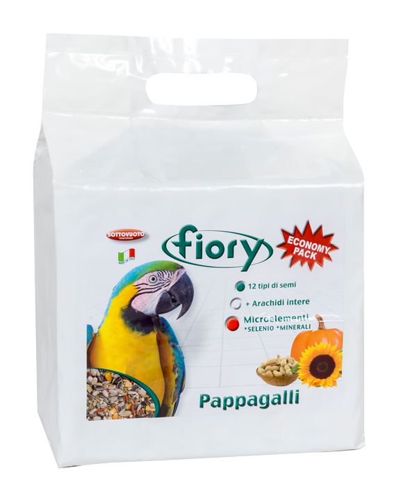 Mangime AGRIAPPIA per pappagalli, pellet o semi, visibile in sacco con uccelli colorati e piumati in volo