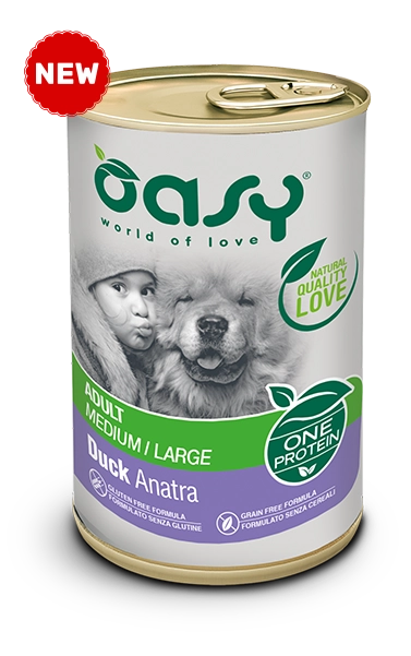 Cibo umido per cani Oasy ONE PROTEIN AGRIAPPIA, confezione da 400g, con carne di anatra visibile nella scatola