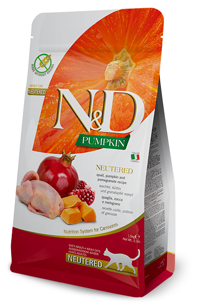 Crocchette N&D Pumpkin Neutered di AGRIAPPIA per gatti sterilizzati, con tacchino, zucca e melograno, in sacchetto da 400g