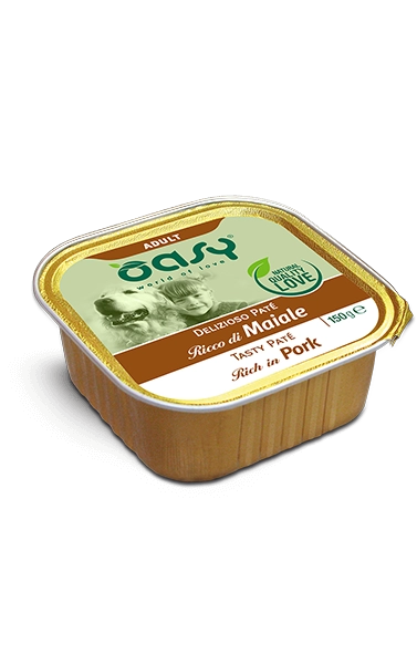 Paté Delizioso per cani AgriaPpia, confezione da 150 g con carne di maiale, visibile in un contenitore.