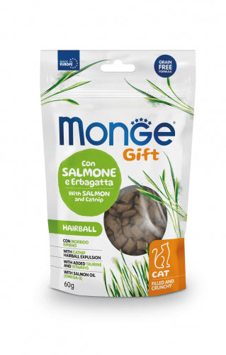 Crocchette Monge Gift per gatti con salmone ed erba gatta, 60 ml, alimento naturale e gustoso per adulti.