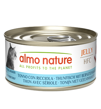 Lattina di Almo Nature HFC Jelly per gatti, alimento complementare da 70g, con confezione in scatola e etichetta visibile.