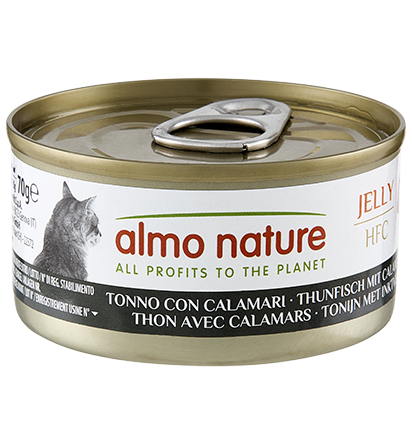 Gelatina Almo Nature HFC per gatti, alimento complementare in lattina da 70g con confezione con etichetta AGRIAPPIA.