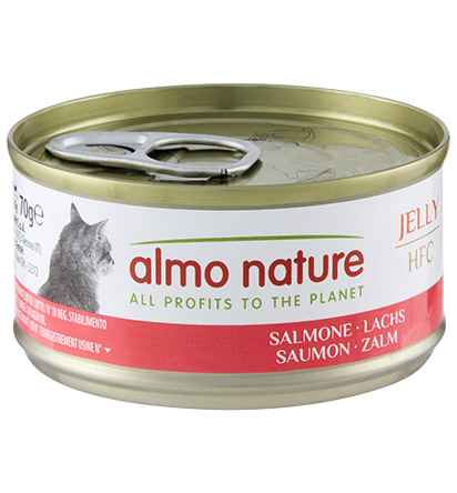 Lattina di Almo Nature HFC Jelly per gatti, alimento complementare in confezione da 70g, con etichetta e prodotto visibile.