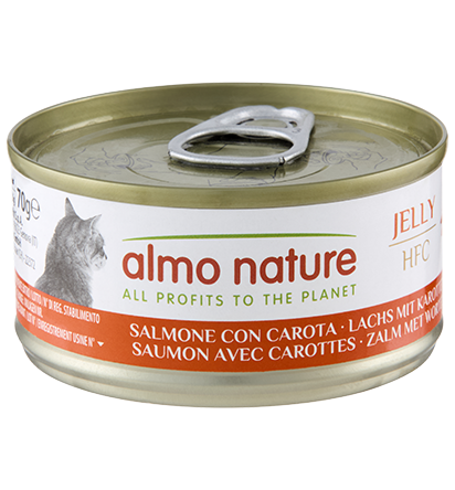 Scatola di Almo Nature HFC Jelly per gatti, alimento complementare in confezione da 70g, con etichetta colorata e dettaglio del prodotto