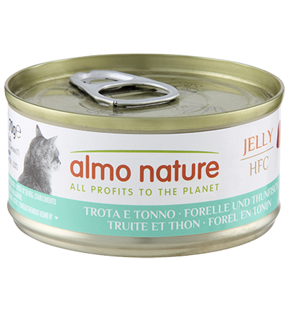 Lattina da 70g di Almo Nature HFC Jelly per gatti, alimento complementare con brand AGRIAPPIA, con etichetta e contenuto visibile