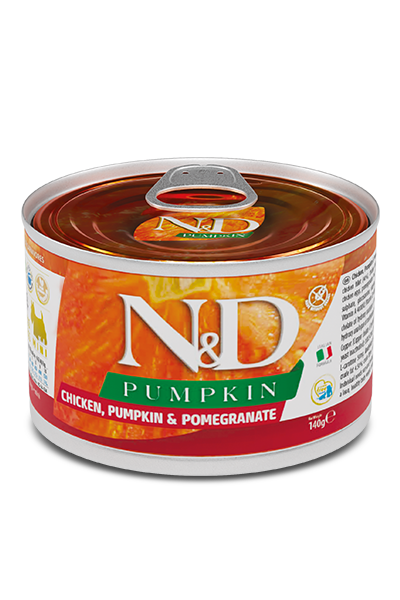 Cibo completo per cani adulti Farmina Pollo, Zucca e Melograno, confezione da 140g con immagine di pollo, zucca e melograno