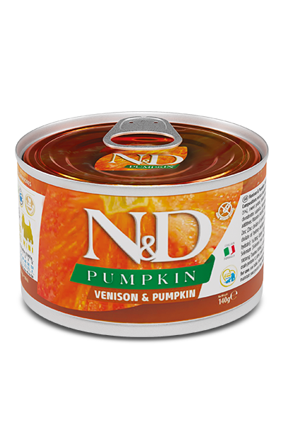 Alimento completo per cani adulti Farmina Cervo e Zucca, confezione da 140g, con carne di cervo e zucca naturale.