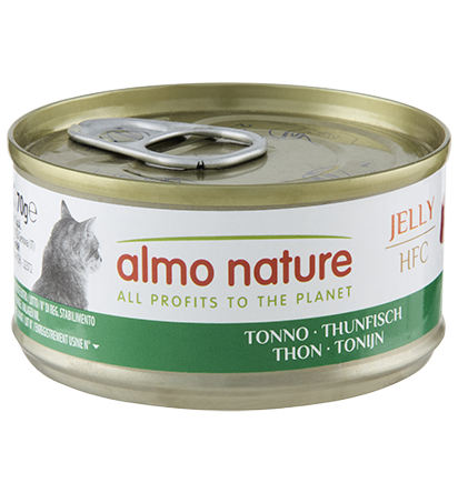 Lattina di Almo Nature HFC Jelly per gatti, alimento complementare da 70g con confezione con etichetta.
